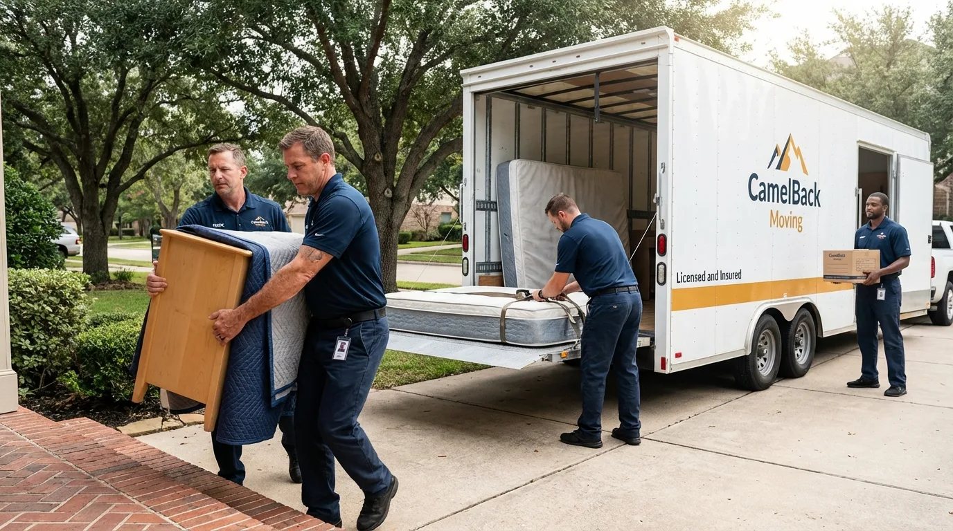 Crew loading residential truck for cross-state move from Lincoln, ME