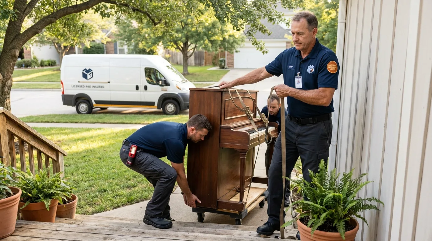Licensed piano movers securing grand piano in Lincoln, ME