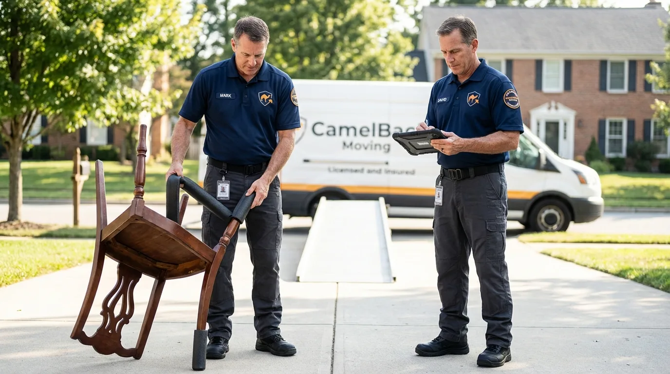 Movers inspecting furniture for damage prevention before loading in Lincoln, ME
