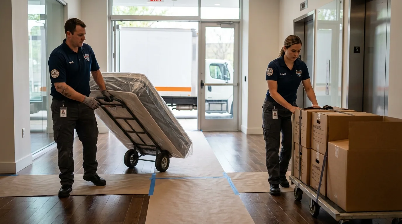 Professional apartment movers loading elevator in Lincoln, ME