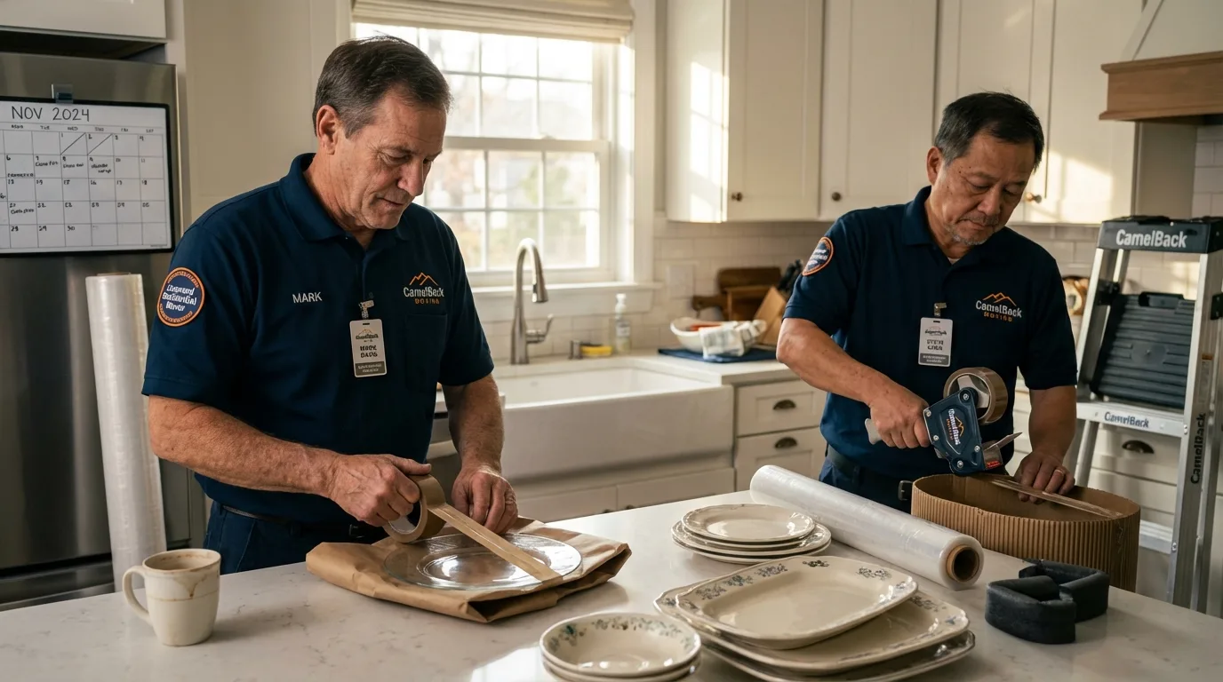 Professional crew packing kitchen dishware in Lincoln, ME